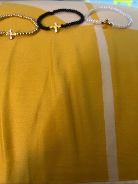 Gold, Black, and White Beaded Cross Bracelet Set NWOT